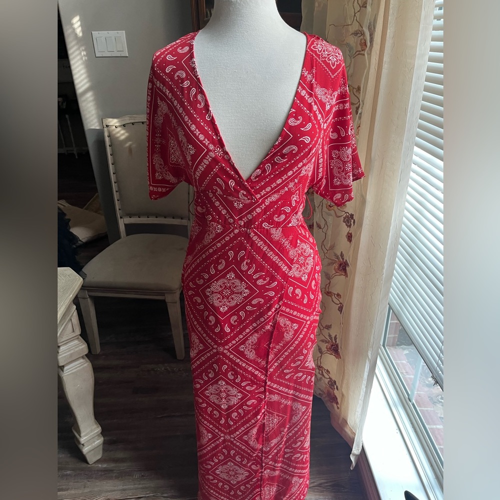 F21 Red bandana maxi wrap dress with small side slit
